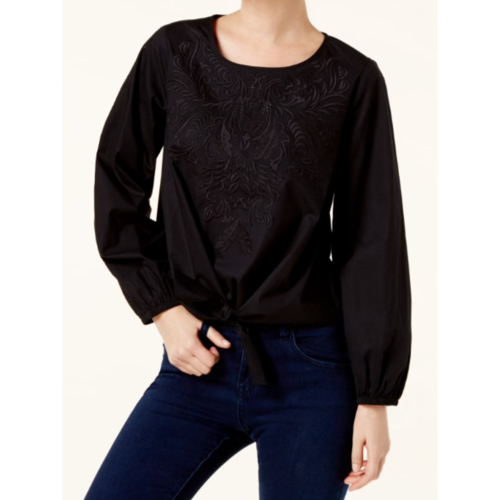 INC Embroidered Tie Front Blouse Black Cotton Poplin Long Sleeve Boho Artsy Top
